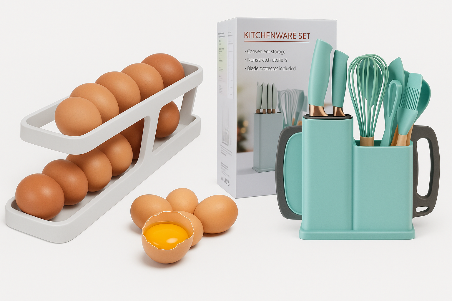 PACK UTENCILIOS DE 19 PCS + DISPENSADOR DE HUEVOS